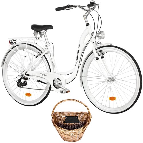 Rower miejski INDIANA Moena A7ZP 28 cali damski Biały + Koszyk wiklinowy na rower VÖGEL VKS-502 Stylowy