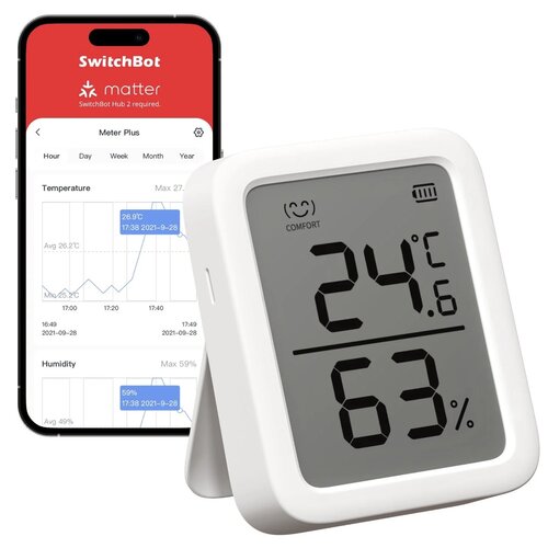 Na zdjęciu znajduje się biały termometr z wyświetlaczem pokazującym temperaturę 24,6°C oraz wilgotność 63%. W tle widoczny jest smartfon z aplikacją, na której ekranie widać wykresy temperatury i wilgotności oraz teksty: "SwitchBot", "matter", "SwitchBot 