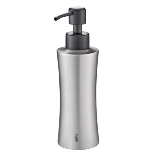 Stalowy dozownik do płynu do naczyń o pojemności 230 ml z czarną pompką, na którym widoczne jest logo "GEFU". Produkt ma elegancki, nowoczesny design z matowym wykończeniem.