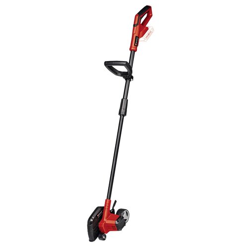 Podkaszarka akumulatorowa w kolorze czerwono-czarnym z ergonomicznym uchwytem i regulowaną rączką. Na uchwycie widoczne jest logo "Einhell".