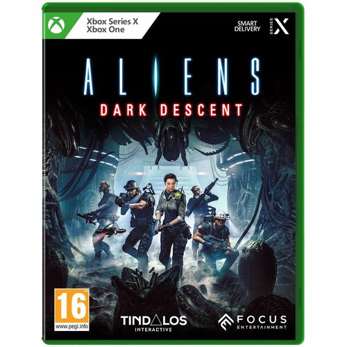 Okładka gry "Aliens: Dark Descent" na konsolę Xbox One i Xbox Series X przedstawia grupę uzbrojonych postaci w futurystycznym otoczeniu, z widocznymi logotypami Tindalos Interactive i Focus Entertainment. Na górze znajduje się napis "Xbox Series X | Xbox 