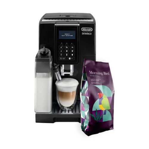 Ekspres DELONGHI Dinamica ECAM 353.75.B + Kawa ziarnista MORNING BIRD Strong 1 kg (Rzemieślnicza)