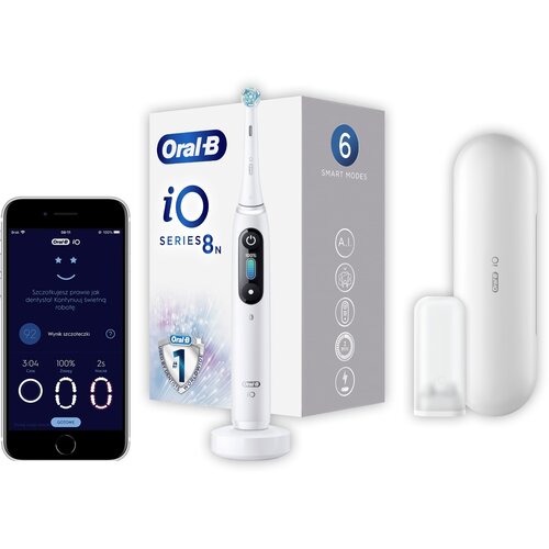 Szczoteczka magnetyczna ORAL-B iO 8 Biały + Pasta do zębów ORAL-B Gum Care & Bacteria Thorough Clean 75 ml + Płyn do płukania jamy ustnej ORAL-B Pro-Expert Deep Clean 500 ml + Nić dentystyczna ORAL-B Pro-Expert Clinic Line