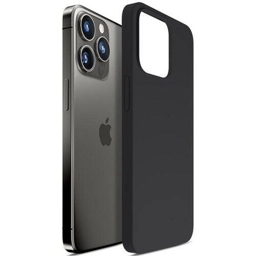 Szaro-czarne etui silikonowe z wycięciem na aparat, przeznaczone dla Apple iPhone 13 Pro Max, jest pokazane obok telefonu. Etui ma gładką powierzchnię i otwory na przyciski boczne.