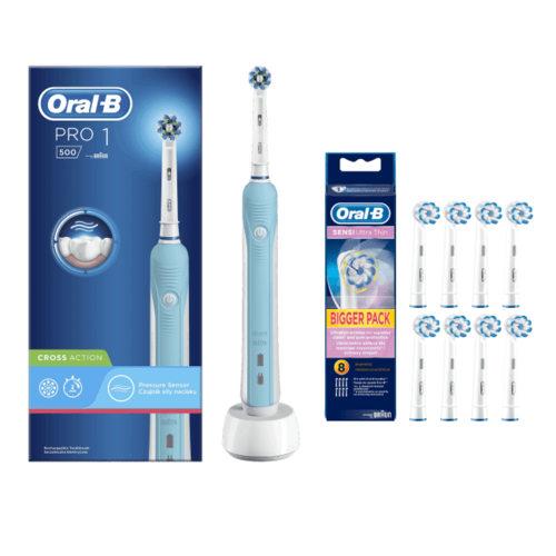Szczoteczka rotacyjna ORAL-B PRO 500 + Końcówka szczoteczki ORAL-B Sensi Ultra Thin (8 sztuk)