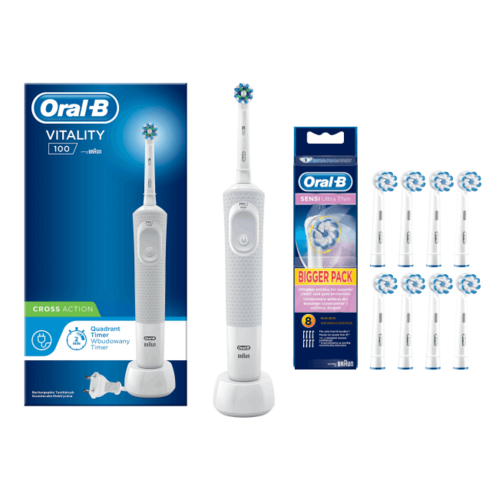 Szczoteczka rotacyjna ORAL-B Vitality 100 Cross Action Biały + Końcówka szczoteczki ORAL-B Sensi Ultra Thin (8 sztuk)