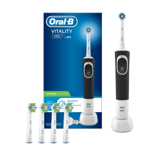 Szczoteczka rotacyjna ORAL-B Vitality 100 Cross Action Czarny + Końcówka szczoteczki ORAL-B Floss Action Clean Maximiser EB25-2 (4 sztuki)