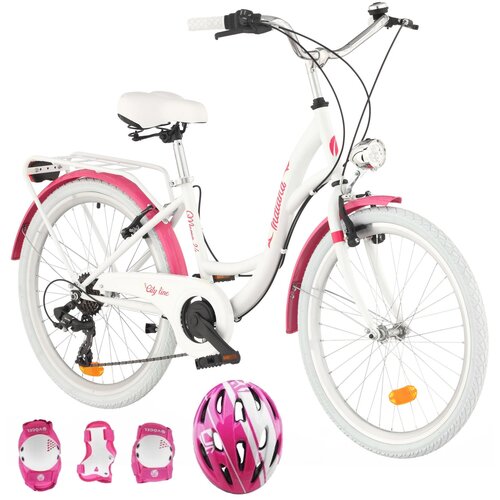 Rower młodzieżowy INDIANA Moena 24 cale dla dziewczynki Biało-różowy + Kask rowerowy VÖGEL VOK-450S Różowy dla dzieci (Rozmiar S) + Zestaw ochraniaczy