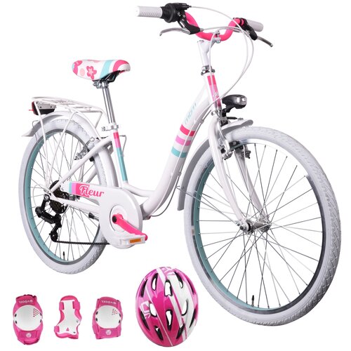 Rower młodzieżowy MBM Fleur 24 cali dla dziewczynki Biały + Kask rowerowy VÖGEL VOK-450S Różowy dla dzieci (Rozmiar S) + Zestaw ochraniaczy