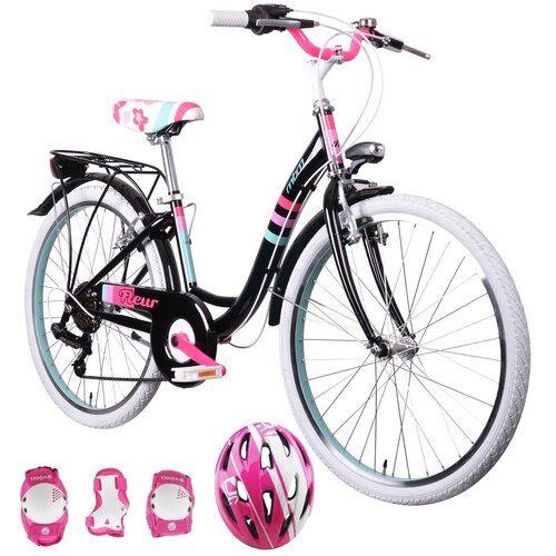 Rower młodzieżowy MBM Fleur 24 cali dla dziewczynki Czarny + Kask rowerowy VÖGEL VOK-450S Różowy dla dzieci (Rozmiar S) + Zestaw ochraniaczy