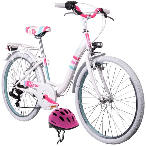 Rower młodzieżowy MBM Fleur 24 cali dla dziewczynki Biały + Kask rowerowy VÖGEL VKA-920G Różowy dla Dzieci (rozmiar XS)