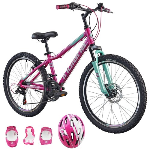 Rower młodzieżowy INDIANA Roxy Jr 24 cale dla dziewczynki Różowo-miętowy + Kask rowerowy VÖGEL VOK-450S Różowy dla dzieci (Rozmiar S) + Zestaw ochraniaczy