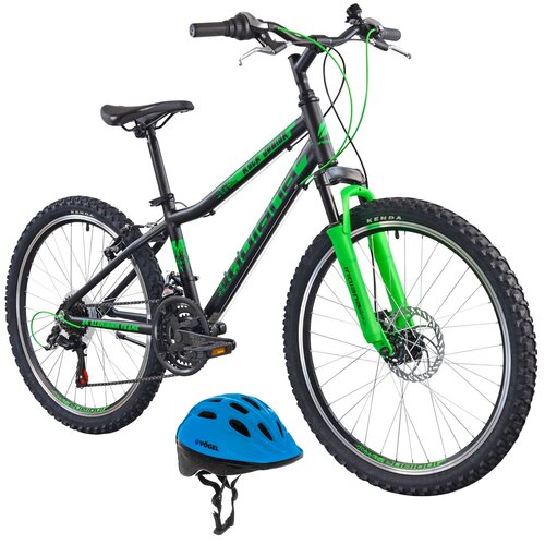 Rower młodzieżowy INDIANA Rock Jr 24 cale dla chłopca Czarno-zielony + Kask rowerowy VÖGEL VKA-920B Niebieski dla Dzieci (rozmiar XS)
