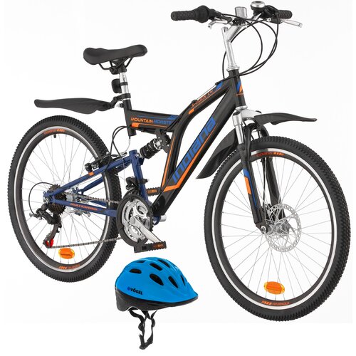 Rower młodzieżowy INDIANA X-Rock 1.4 24 cale dla chłopca Czarno-niebieski + Kask rowerowy VÖGEL VKA-920B Niebieski dla Dzieci (rozmiar XS)