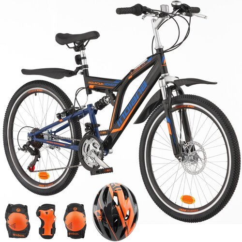 Rower młodzieżowy INDIANA X-Rock 1.4 24 cale dla chłopca Czarno-niebieski + Kask rowerowy VÖGEL VOK-450S Czarny dla dzieci (Rozmiar S) + Zestaw ochraniaczy