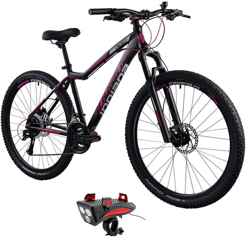 Rower górski MTB INDIANA X-Pulser 3.7 D17 27.5 cala damski Czarno-różowy + Lampka rowerowa ROCKBROS RP11BR
