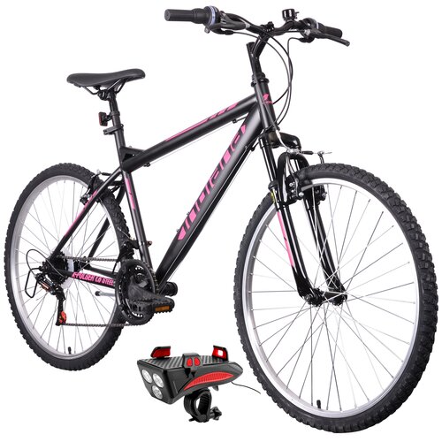 Rower górski MTB INDIANA X-Pulser 1.6 D20 26 cali damski Czarno-różowy + Lampka rowerowa ROCKBROS RP11BR