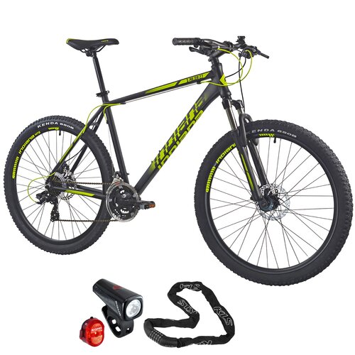 Rower górski MTB INDIANA X-Pulser 2.7 M17 27.5 cala męski Czarno-żółty + Zestaw lampek rowerowych SIGMA Buster 150 Nugget SGM19170 + Zapięcie rowerowe KELLYS Chainlock 6 Łańcuch
