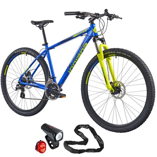 Rower górski MTB INDIANA X-Pulser 1.9 M17 29 cali męski Niebiesko-żółty + Zestaw lampek rowerowych SIGMA Buster 150 Nugget SGM19170 + Zapięcie rowerowe KELLYS Chainlock 6 Łańcuch