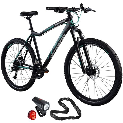 Rower górski MTB INDIANA X-Pulser 3.7 D21 27.5 cala damski Czarno-zielony + Zestaw lampek rowerowych SIGMA Buster 150 Nugget SGM19170 + Zapięcie rowerowe KELLYS Chainlock 6 Łańcuch