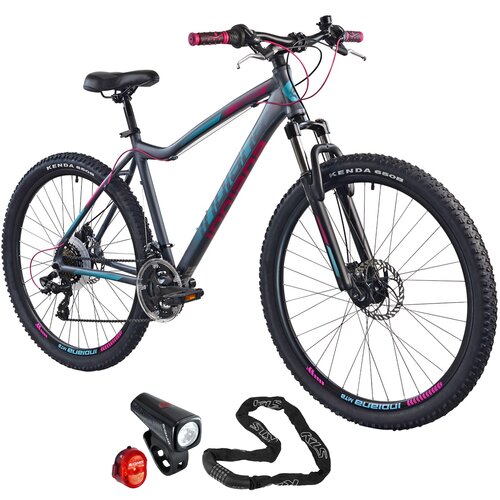 Rower górski MTB INDIANA X-Pulser 2.7 D19 27.5 cala damski Szaro-niebiesko-różowy + Zestaw lampek rowerowych SIGMA Buster 150 Nugget SGM19170 + Zapięcie rowerowe KELLYS Chainlock 6 Łańcuch