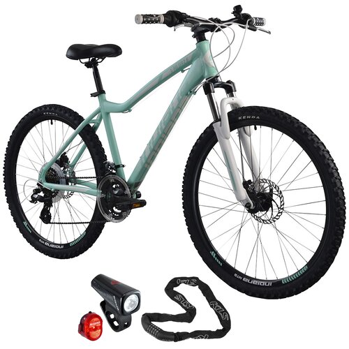 Rower górski MTB INDIANA X-Pulser 2.6 D19 26 cali damski Miętowo-biały + Zestaw lampek rowerowych SIGMA Buster 150 Nugget SGM19170 + Zapięcie rowerowe KELLYS Chainlock 6 Łańcuch