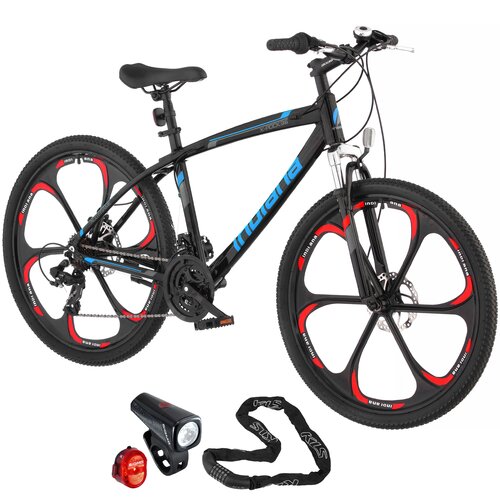 Rower górski MTB INDIANA X-Rock 3.6 M17 26 cali męski Czarno-niebieski + Zestaw lampek rowerowych SIGMA Buster 150 Nugget SGM19170 + Zapięcie rowerowe KELLYS Chainlock 6 Łańcuch