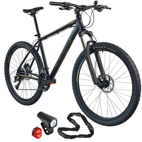 Rower górski MTB INDIANA X-Pulser 3.7 M19 27.5 cala męski Czarno-brązowy + Zestaw lampek rowerowych SIGMA Buster 150 Nugget SGM19170 + Zapięcie rowerowe KELLYS Chainlock 6 Łańcuch