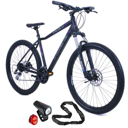 Rower górski MTB INDIANA X-Pulser 3.7 D19 27 cali damski Czarny + Zestaw lampek rowerowych SIGMA Buster 150 Nugget SGM19170 + Zapięcie rowerowe KELLYS Chainlock 6 Łańcuch