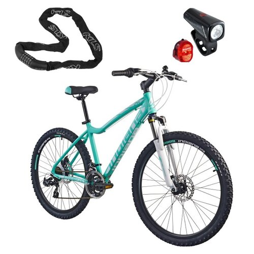 Rower górski MTB INDIANA X-Pulser 2.6 D15 26 cali damski Miętowo-biały + Zestaw lampek rowerowych SIGMA Buster 150 Nugget SGM19170 + Zapięcie rowerowe KELLYS Chainlock 6 Łańcuch