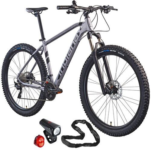 Rower górski MTB INDIANA X-Enduro 7.7 M19 27.5 cala męski Szaro-czarny + Zestaw lampek rowerowych SIGMA Buster 150 Nugget SGM19170 + Zapięcie rowerowe KELLYS Chainlock 6 Łańcuch