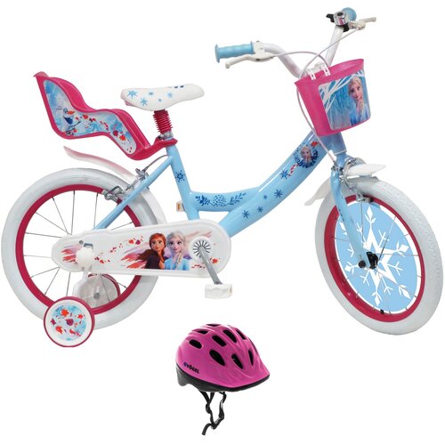 Rower dziecięcy DISNEY Kraina Lodu 2 16 cali dla dziewczynki + Kask rowerowy VÖGEL VKA-920G Różowy dla Dzieci (rozmiar XS)