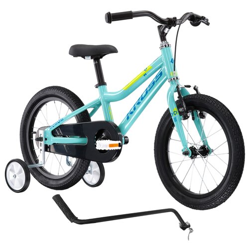 Rower dziecięcy KROSS Mini 4.0 16 cali dla dziewczynki Seledynowo-niebiesko-limonkowy + Rączka do prowadzenia roweru VÖGEL VRC-02