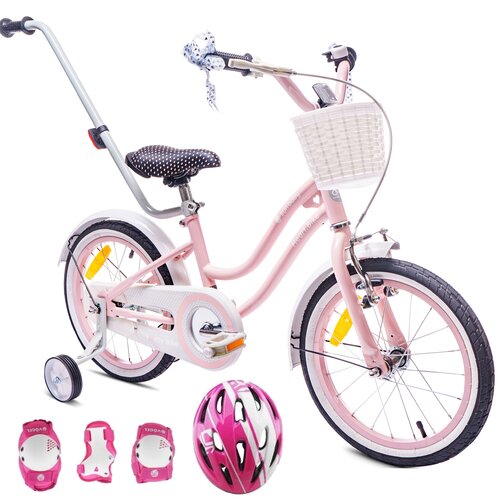 Rower dziecięcy SUN BABY Heart Bike 16 cali Różowy + Kask rowerowy VÖGEL VOK-450S Różowy (Rozmiar S) + Zestaw ochraniaczy