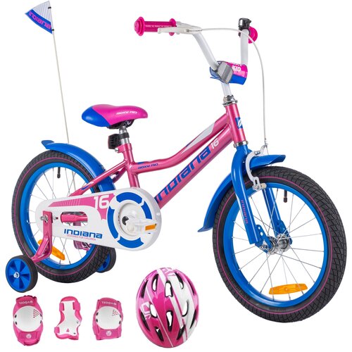 Rower dziecięcy INDIANA Roxy Kid 16 cali Różowy + Kask rowerowy VÖGEL VOK-450S Różowy (Rozmiar S) + Zestaw ochraniaczy