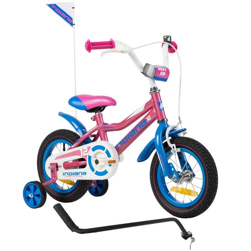 Rower dziecięcy INDIANA Roxy Kid 12 cali dla dziewczynki Różowy + Rączka do prowadzenia roweru VÖGEL VRC-02