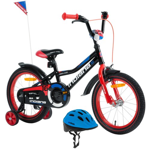 Rower dziecięcy INDIANA Rock Kid 16 cali dla chłopca Czarny + Kask rowerowy VÖGEL VKA-920B Niebieski dla Dzieci (rozmiar XS)