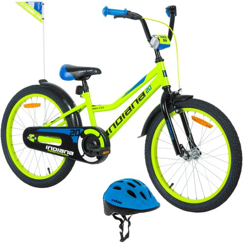 Rower dziecięcy INDIANA Rock Kid 20 cali dla chłopca Limonkowy + Kask rowerowy VÖGEL VKA-920B Niebieski dla Dzieci (rozmiar XS)