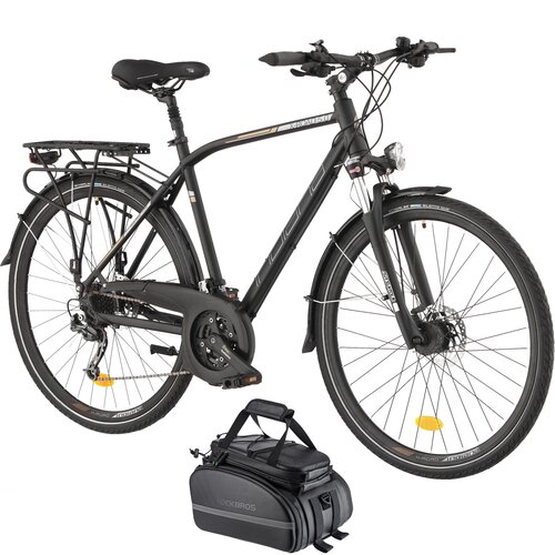 Rower trekkingowy INDIANA X-Road 5.0 M23 28 cali męski Czarny + Torba rowerowa na bagażnik ROCKBROS RA66