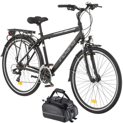 Rower trekkingowy INDIANA X-Road 1.0 M19 28 cali męski Czarny + Torba rowerowa na bagażnik ROCKBROS RA66