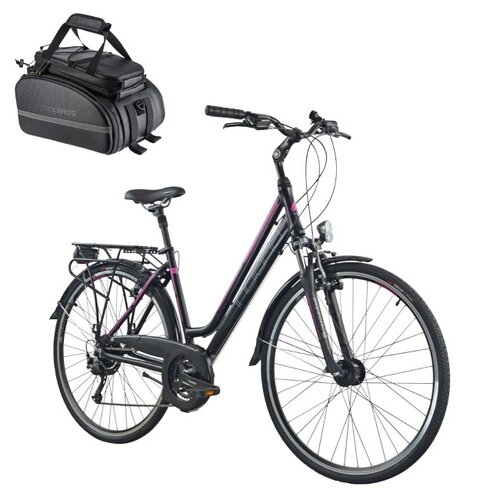 Rower trekkingowy INDIANA X-Road 3.0 D17 28 cali damski Czarno-fioletowy + Torba rowerowa na bagażnik ROCKBROS RA66