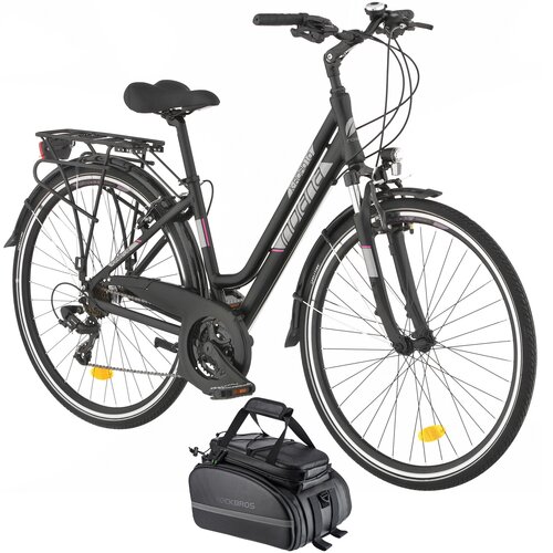 Rower trekkingowy INDIANA X-Road 1.0 D17 28 cali damski Czarno-fioletowy + Torba rowerowa na bagażnik ROCKBROS RA66