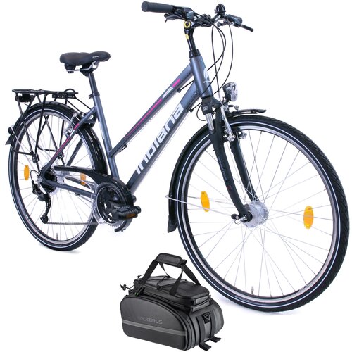 Rower trekkingowy INDIANA X-Road 3.0 D19 28 cali damski Grafitowo-różowy + Torba rowerowa na bagażnik ROCKBROS RA66