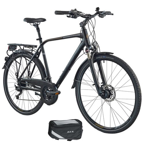 Rower trekkingowy INDIANA X-Road 5.0 M19 28 cali męski Czarno-brązowo-szary + Torba rowerowa na ramę KELLYS Brick Eco