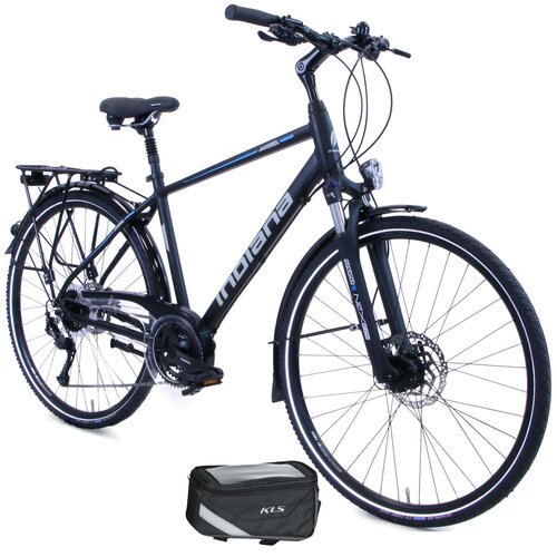 Rower trekkingowy INDIANA X-Road 4.0 M19 28 cali męski Czarno-niebieski + Torba rowerowa na ramę KELLYS Brick Eco