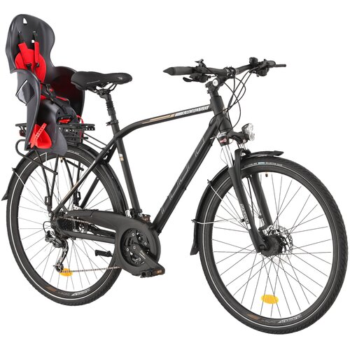 Rower trekkingowy INDIANA X-Road 5.0 M23 28 cali męski Czarny + Fotelik rowerowy KROSS Walaroo Czarny