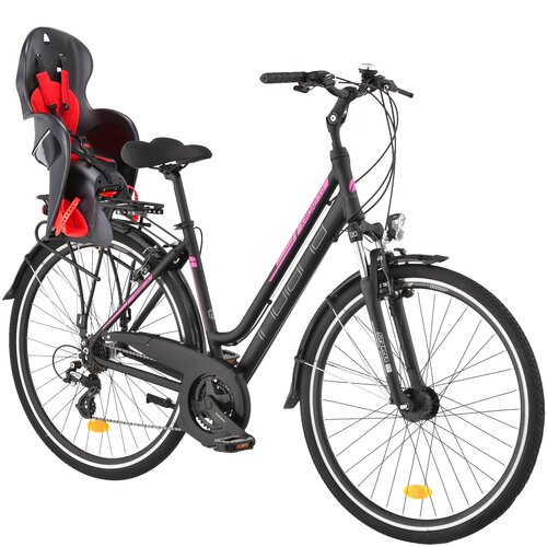 Rower trekkingowy INDIANA X-Road 3.0 D19 28 cali damski Czarny + Fotelik rowerowy KROSS Walaroo Czarny