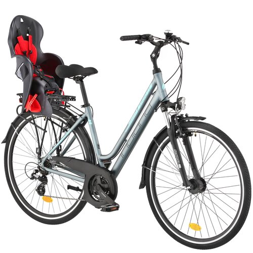 Rower trekkingowy INDIANA X-Road 3.0 D17 28 cali damski Srebrny + Fotelik rowerowy KROSS Walaroo Czarny