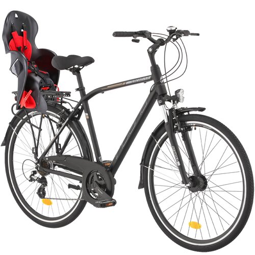 Rower trekkingowy INDIANA X-Road 3.0 M19 28 cali męski Czarny + Fotelik rowerowy KROSS Walaroo Czarny