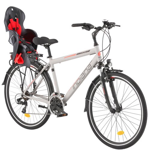 Rower trekkingowy INDIANA X-Road 1.0 M19 28 cali męski Szary + Fotelik rowerowy KROSS Walaroo Czarny